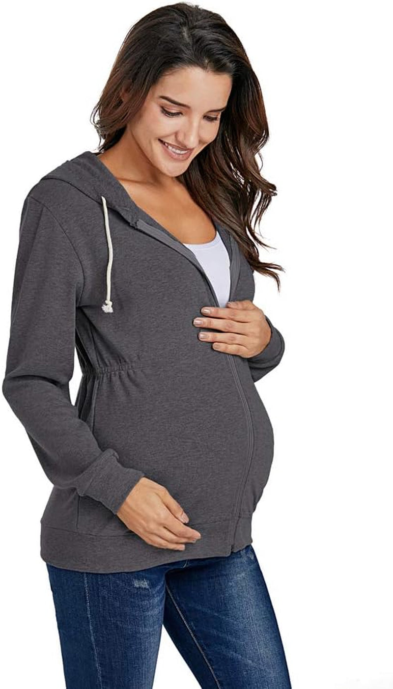 Maternity Zip up Hoodie Long Sleeve Cinched-Waist Sweatshirt Maternity Jackets for Women(Charcoal,L)