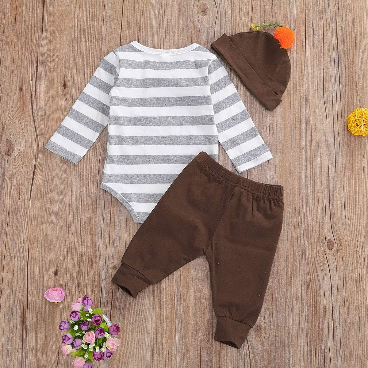 Newborn Baby Boy Girl Thanksgiving Outfit Long Sleeve Striped Romper Pants Hat Little Turkey 3Pcs Clothes Set