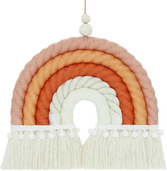 Macrame Rainbow Wall Hanging, Boho Rainbow Decor, Woven Rainbow Wall Decor for Girls Nursery Bedroom Playroom Baby Room Decor (Orange, 8" W X 8" H)