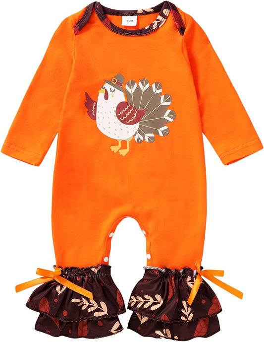 Newborn Baby Girl Thanksgiving Clothes Turkey Romper Ruffle Bodysuit Jumpsuit Infant First Thanksgiving Outfits for Girls 0-18 Months (Baby Girl Turkey Romper, 0-3 Months)