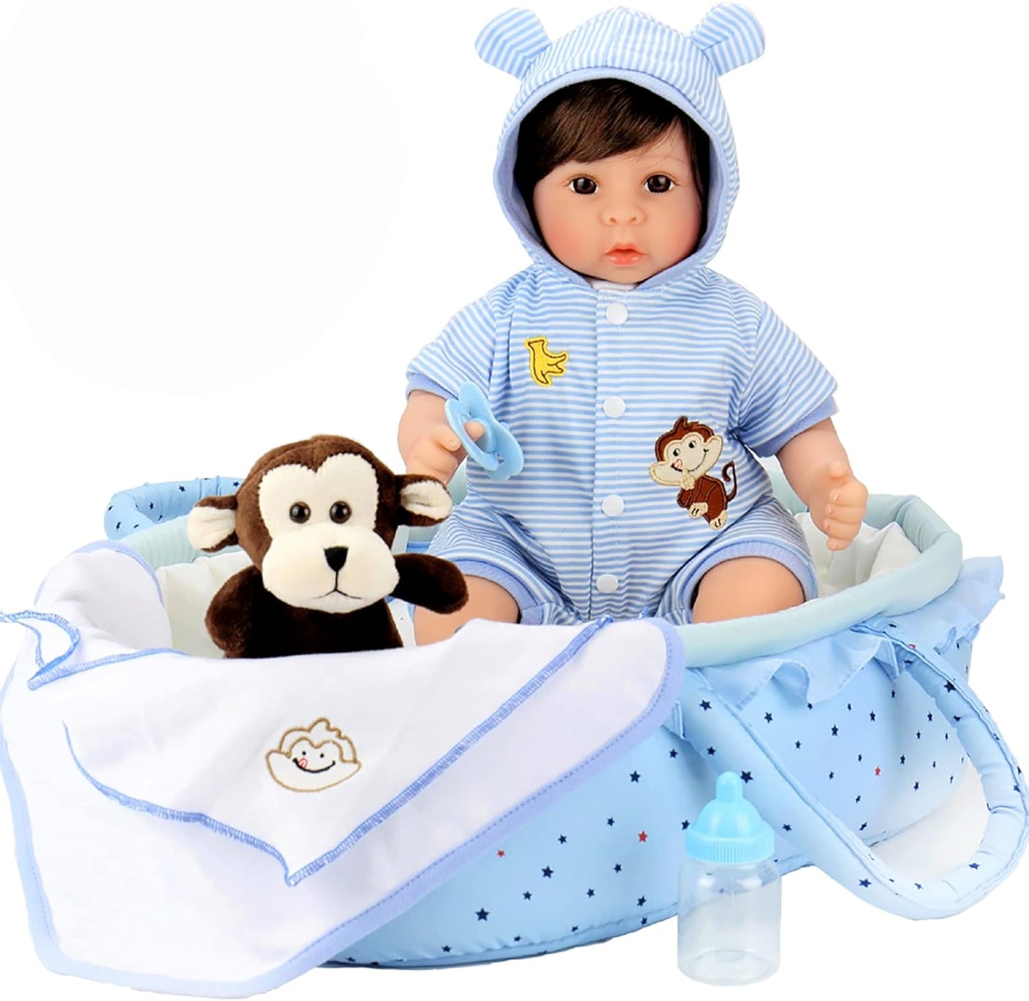 Lifelike Reborn Baby Dolls Blue Bassinet 18 Inch Realistic Newborn Boy Doll with Weighted Soft Body with 8 Piece Monkey Toy Carrier Bed Set