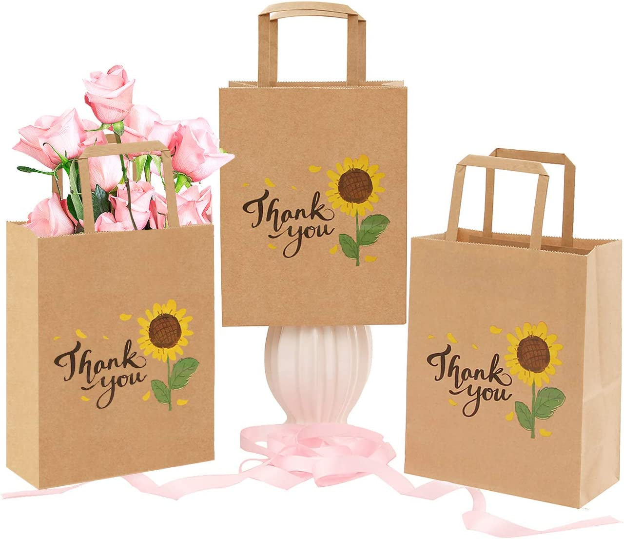 50Pcs 10X8X4.7 Thank You Gift Bags Bulk, Thank You Bags for Business Small, Sunflower Paper Gift Bags with Handles Bulk, Thank You Paper Bags with Handles Bulk, Small Gift Bags Retail Bags (B)