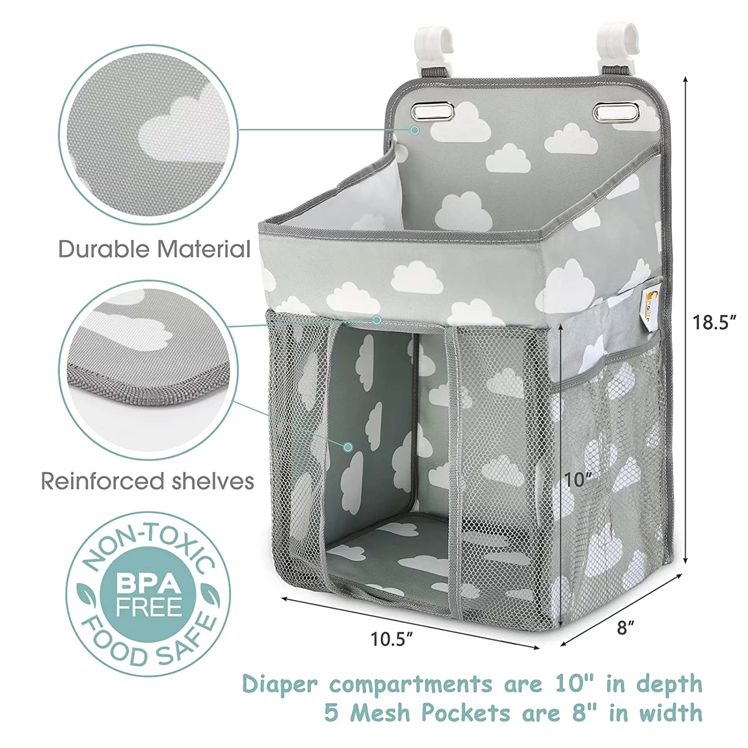 Hanging Diaper Caddy Organizer - Diaper Stacker for Changing Table, Crib(Gray Cloud)