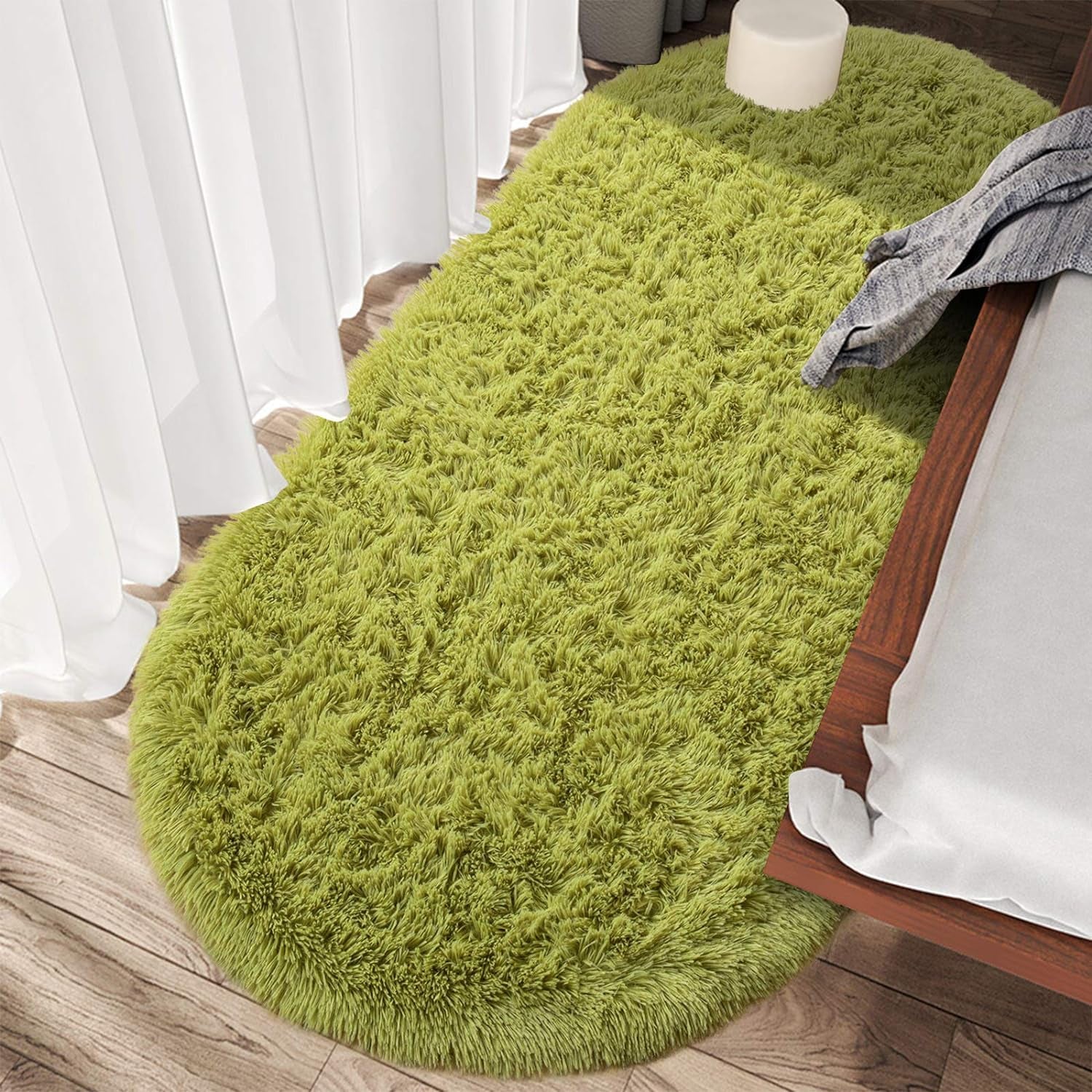 Oval Fluffy Ultra Soft Area Rugs for Bedroom Plush Shaggy Carpet for Kids Room Bedside Nursery Mats, 2.6 X 5.3Ft, Green