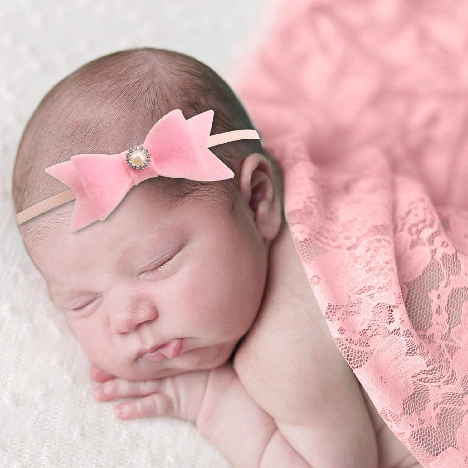 Baby Photo Props Lace Wrap with 2 Pcs Headbands Set, Professional Newborn Photography Props Floral Long Ripple Wrap (Pink)