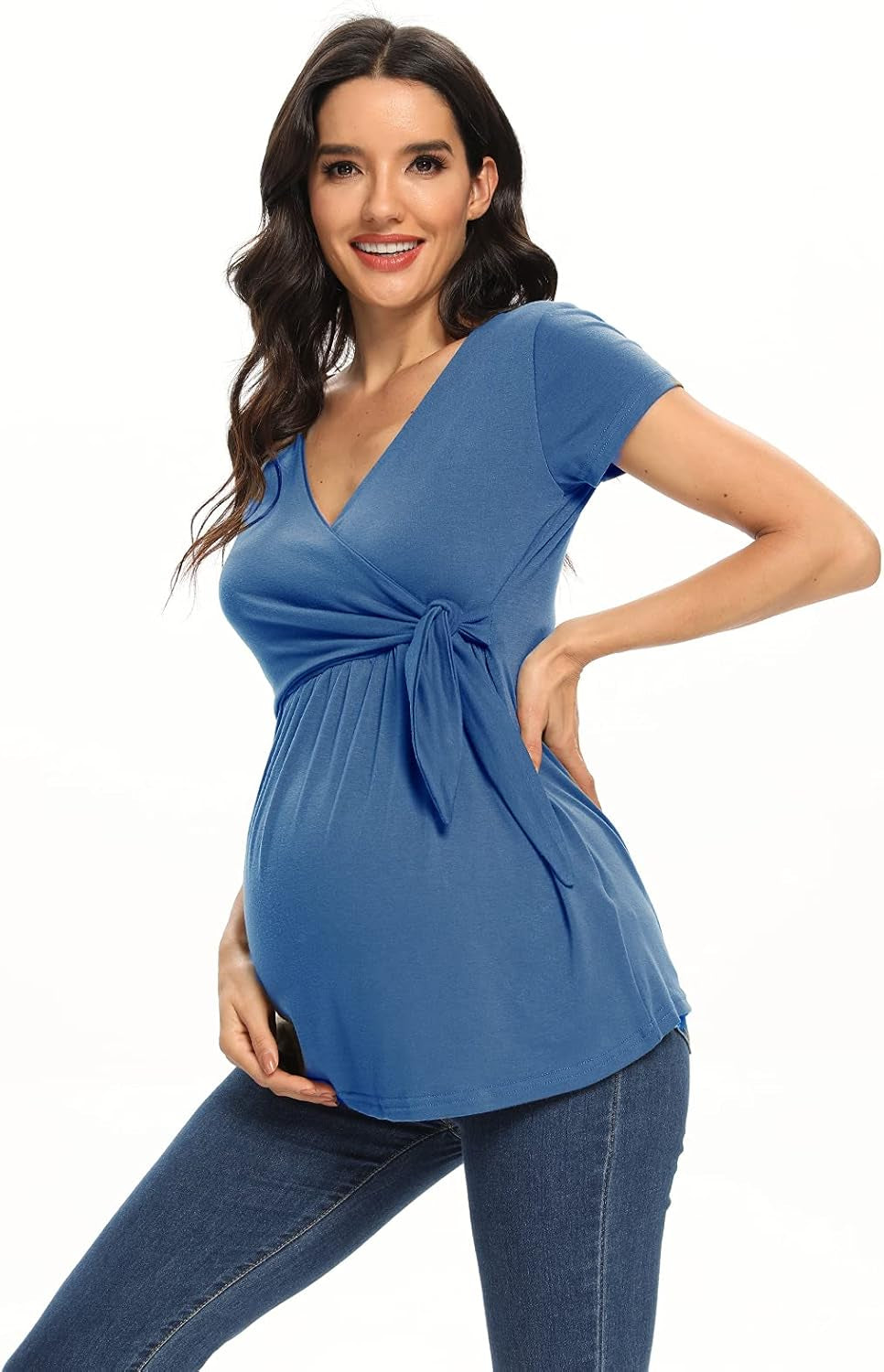 Women'S Maternity Shirts Short Sleeve V-Neck Comformation Cute Maternity Tops Summer Casual Dress Azure Blue