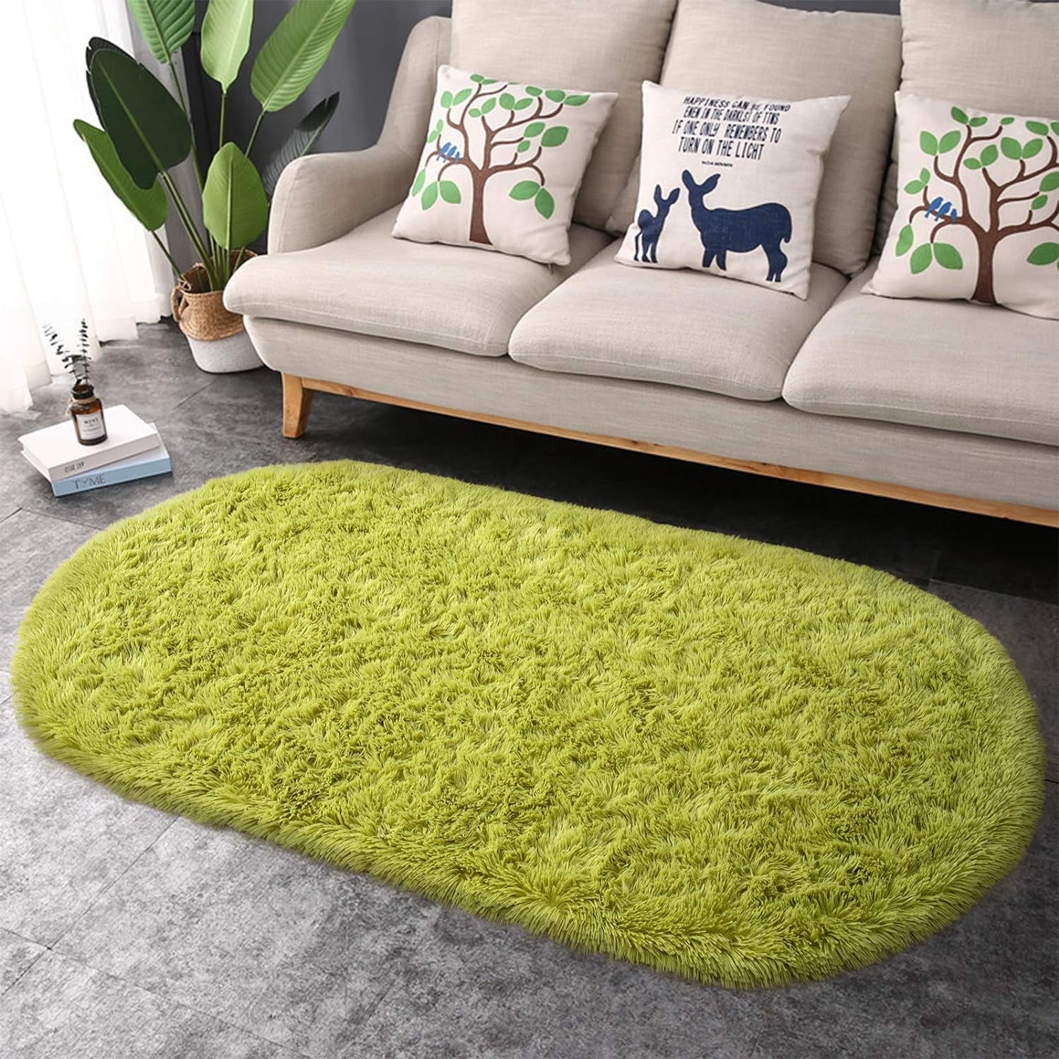 Oval Fluffy Ultra Soft Area Rugs for Bedroom Plush Shaggy Carpet for Kids Room Bedside Nursery Mats, 2.6 X 5.3Ft, Green