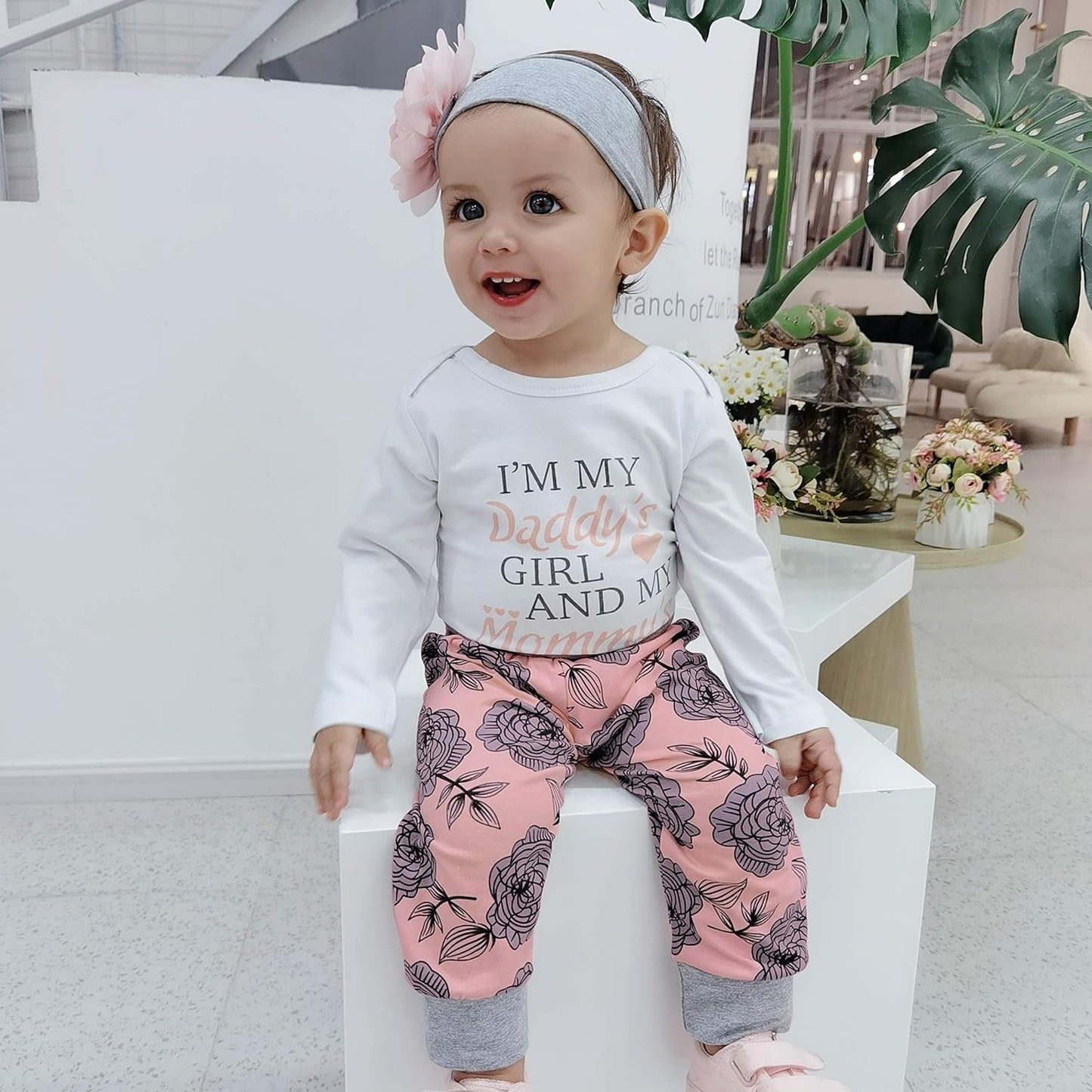 Baby Girl Clothes,3Pcs Ruffled Jumpsuit Tops + Floral Trousers + Floral Headband,Infant Toddler Baby Girl Suit