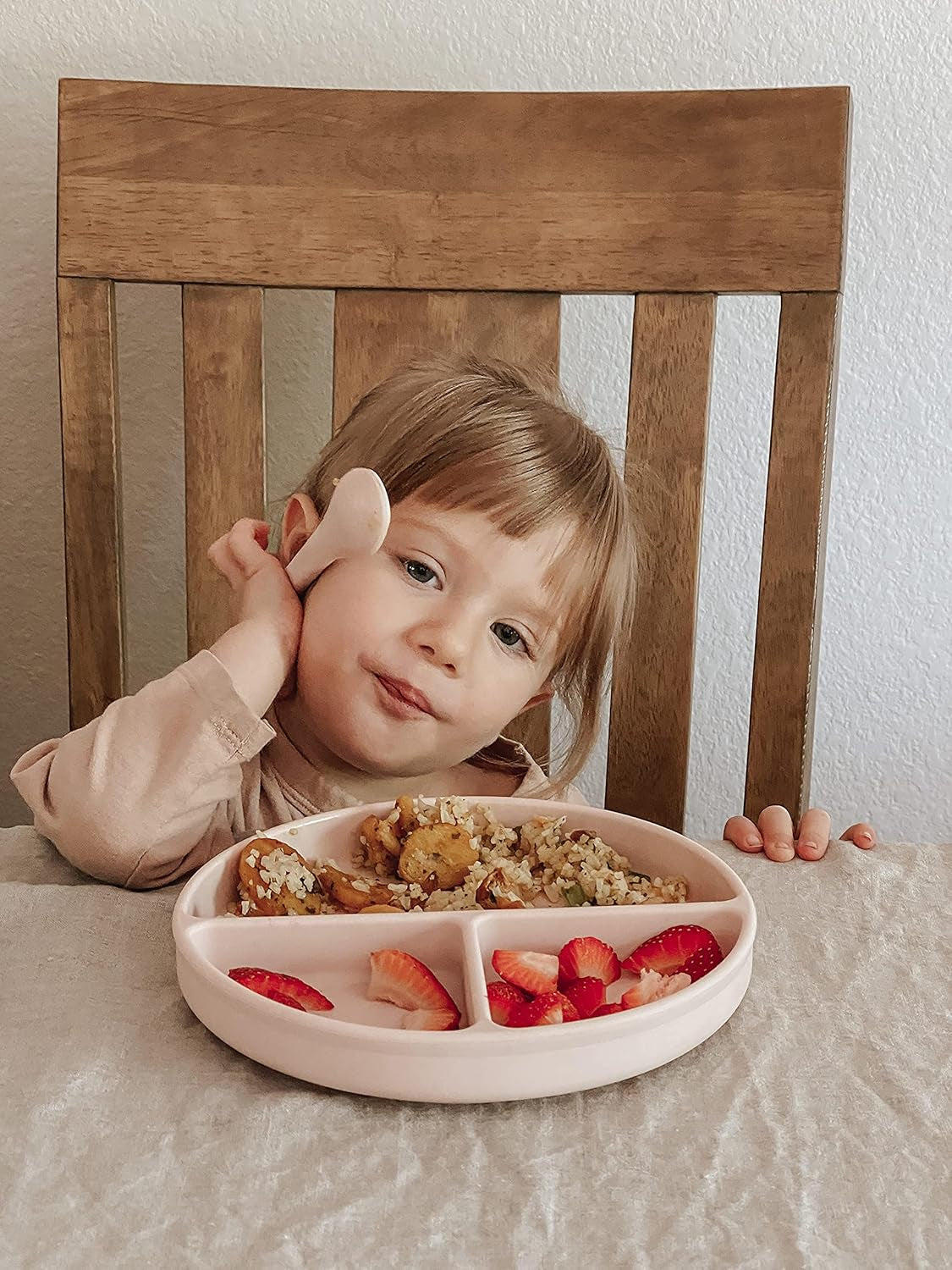 Suction Toddler Plates & Bowls Complete Set W/Spoons- BPA Free 100% Food Grade Silicone- Microwave & Dishwasher Safe Baby Suction Plate, Suction Bowl W/Lip, & 2 Spoons- (Pink)