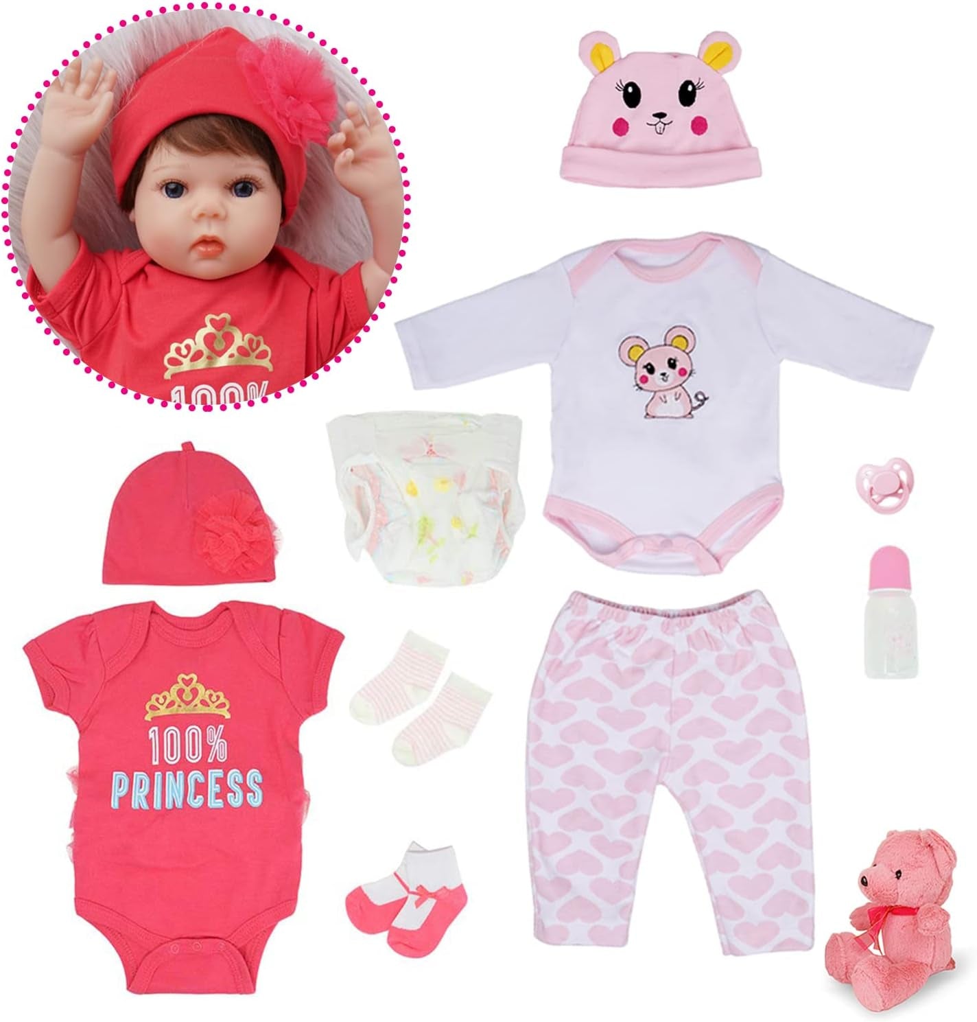 Lifelike Reborn Baby Dolls Girl 2 Outfits 22 Inches Silicone Vinyl Newborn Light Pink and Dark Pink