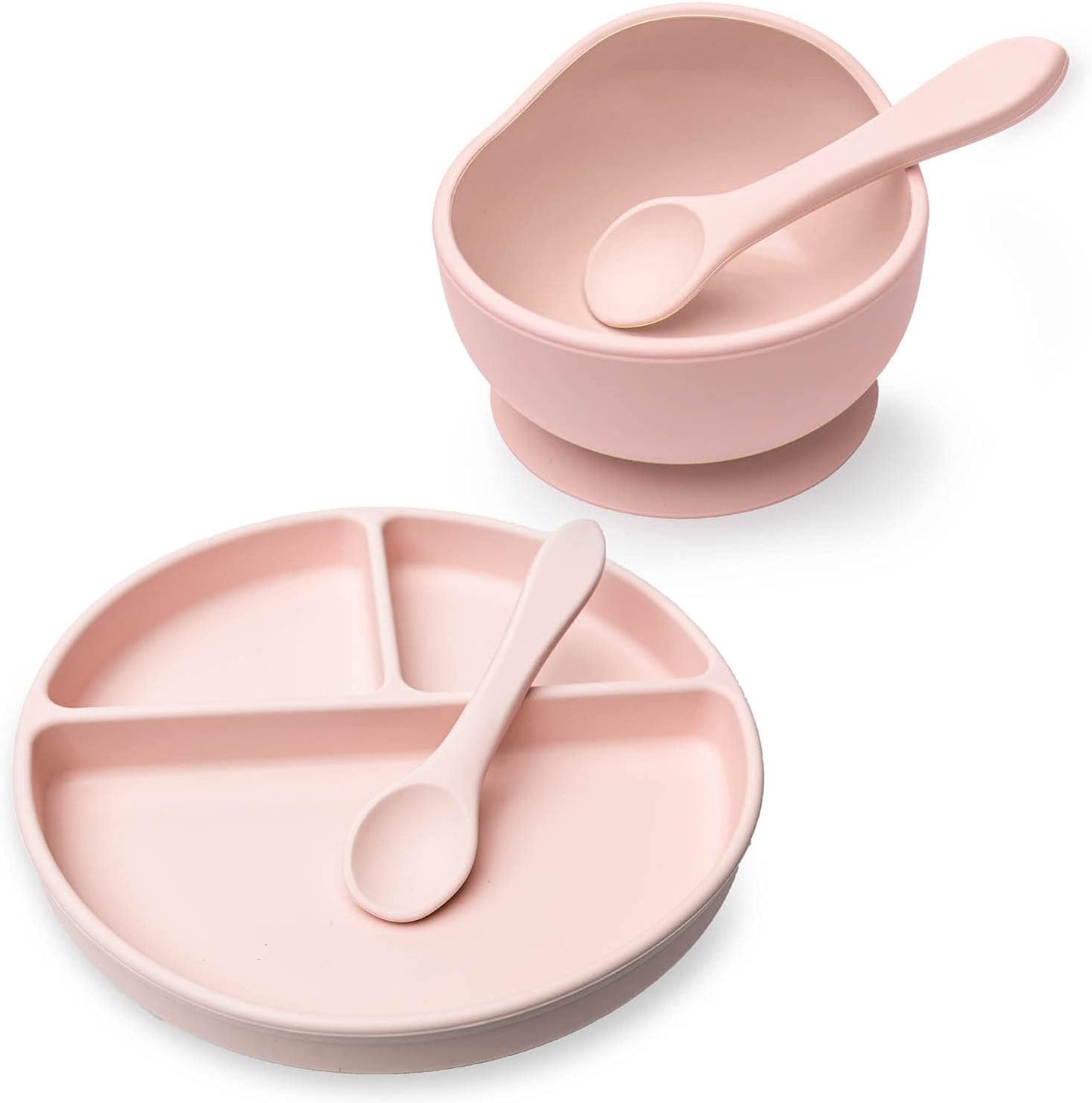 Suction Toddler Plates & Bowls Complete Set W/Spoons- BPA Free 100% Food Grade Silicone- Microwave & Dishwasher Safe Baby Suction Plate, Suction Bowl W/Lip, & 2 Spoons- (Pink)