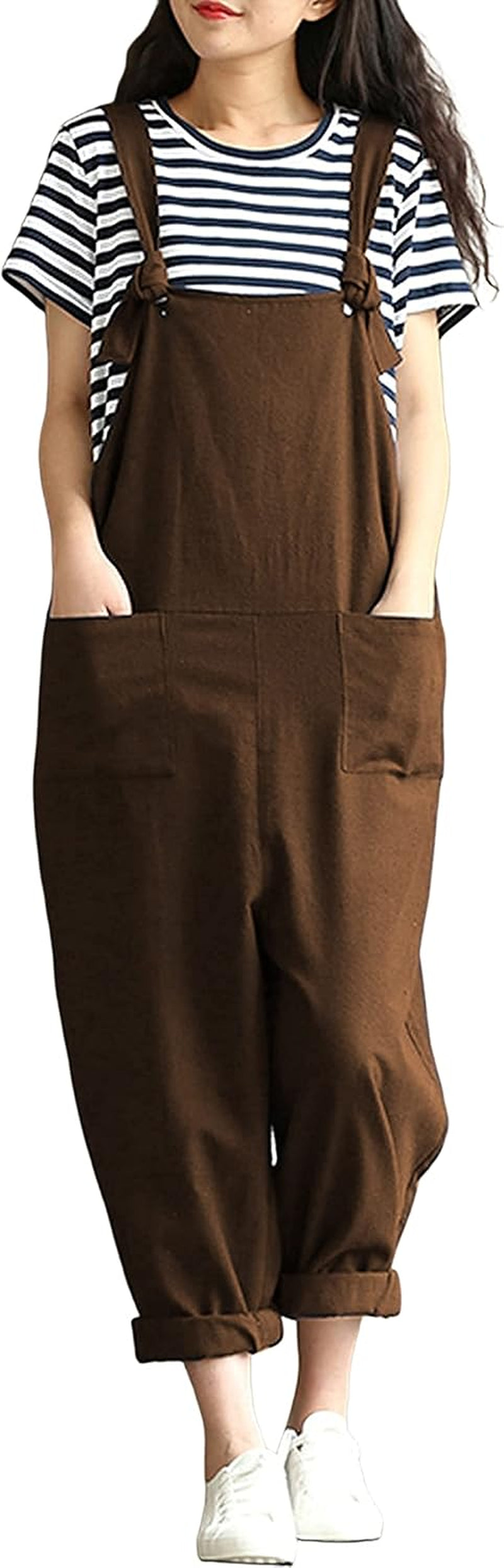 Women'S Linen Wide Leg Jumpsuit Rompers Overalls Harem Pants plus Size (Medium, Style12Coffee)