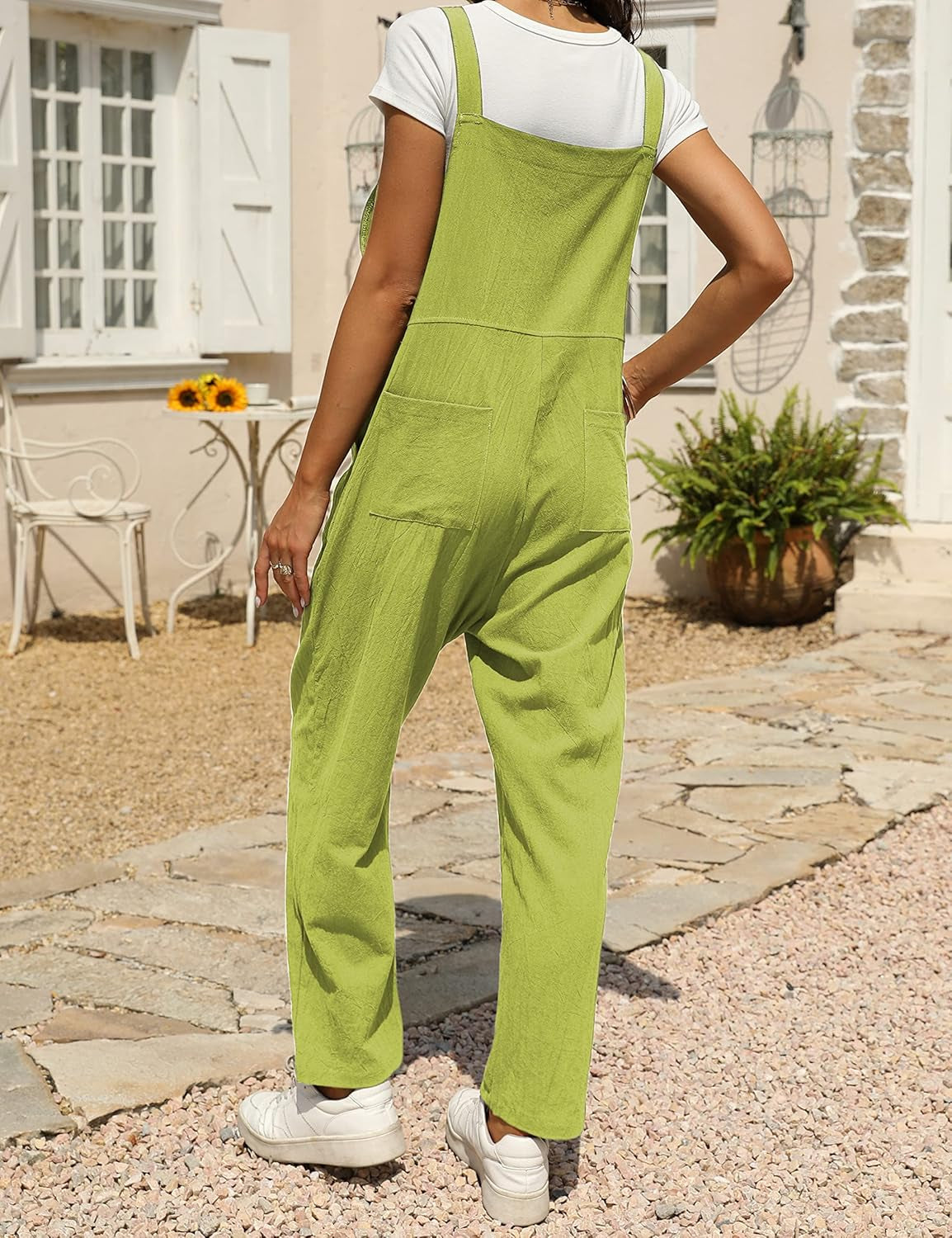 Women'S Loose Baggy Linen Cotton Summer Overalls Jumpsuits Harem Pants(Lightgreen-L)