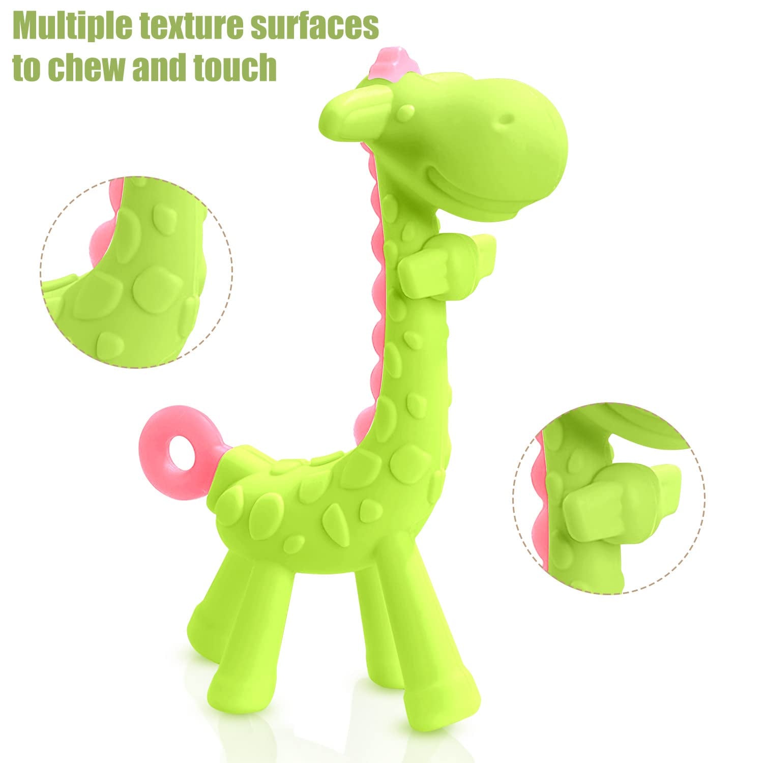 BPA Free 2 Silicone Giraffe Baby Teether Toy with Storage Case, for 3 Months above Infant Sore Gums Pain Relief and Baby Shower, Set of 2 Different Teething Toys (Avocado)