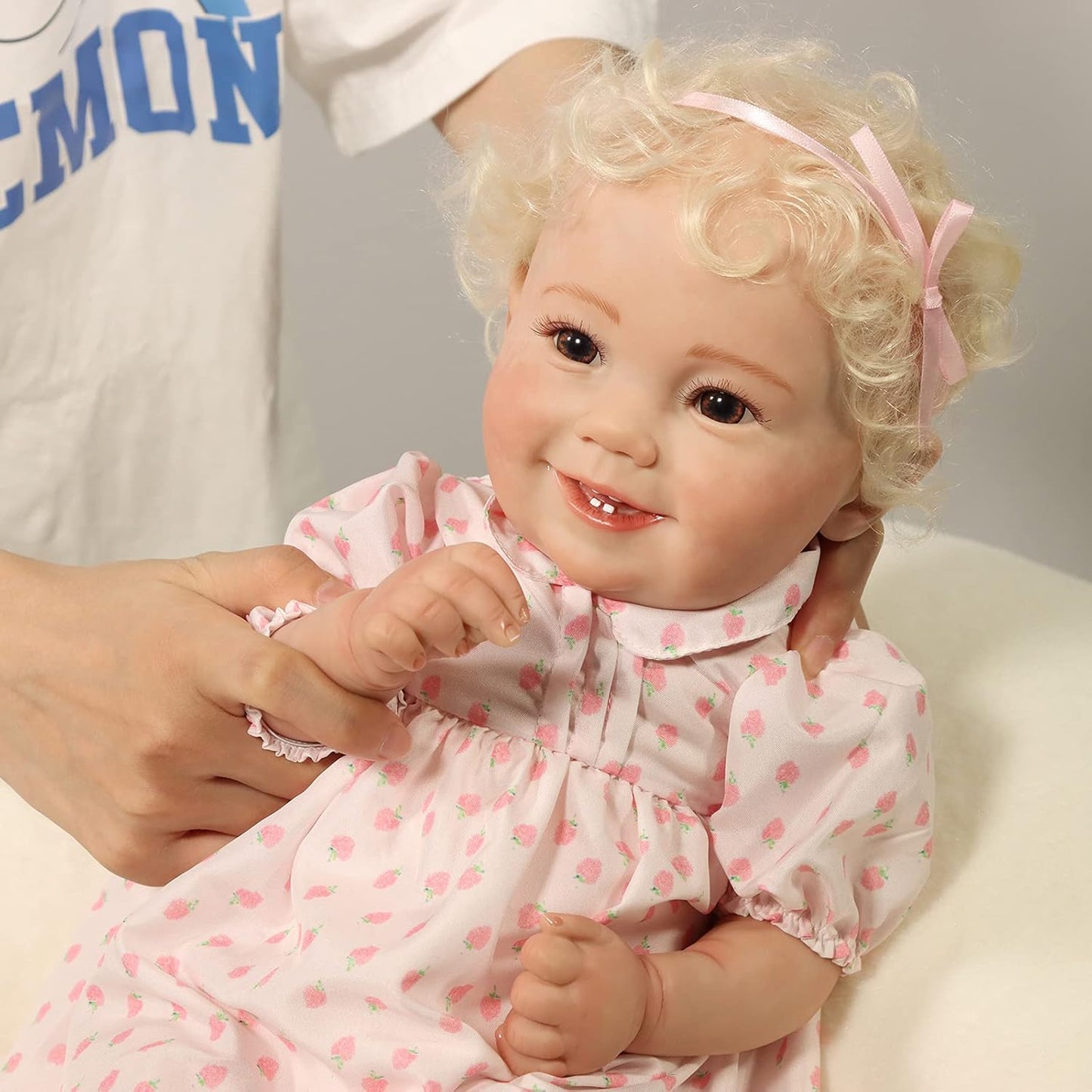 Reborn Baby Dolls Girl 18" Cute Realistic Soft Vinyl Dolls Newborn Baby, Smiling Dolls with Opened Eyes Blonde Curly Hair