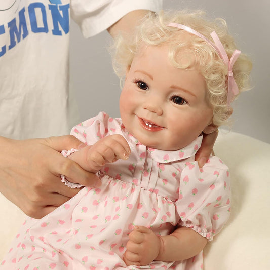 Reborn Baby Dolls Girl 18" Cute Realistic Soft Vinyl Dolls Newborn Baby, Smiling Dolls with Opened Eyes Blonde Curly Hair