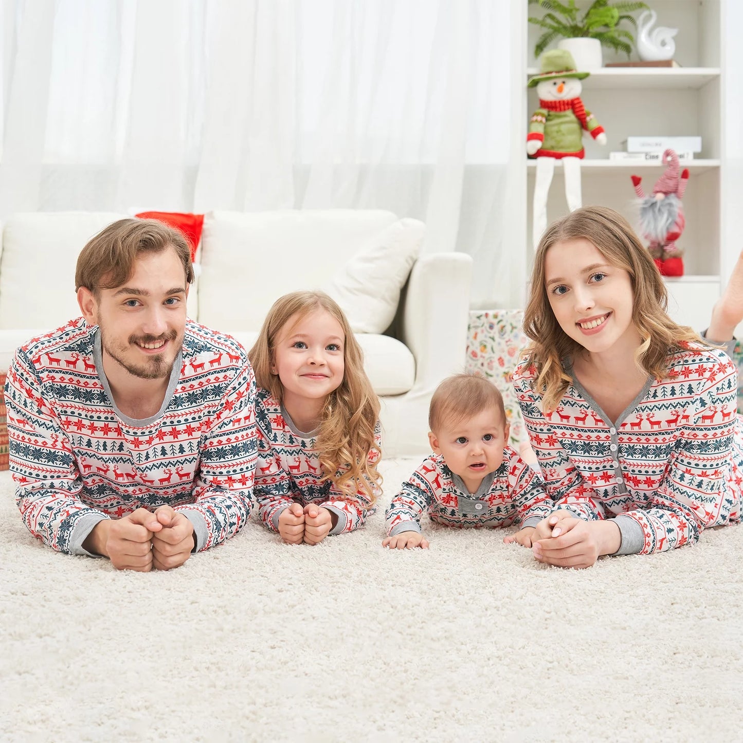 Family Matching Christmas Deer Printing Family Fitted Cotton Soft Two-Piece Pajamas Sets Outfits, Unisex