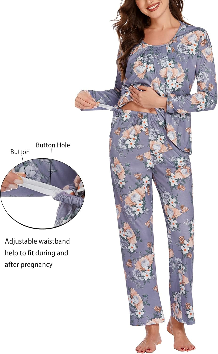 Women'S Maternity Nursing Pajamas Set with Pocket Long Sleeve Soft Pregnancy Breastfeeding Pj Set Floral Printed Purple XXL