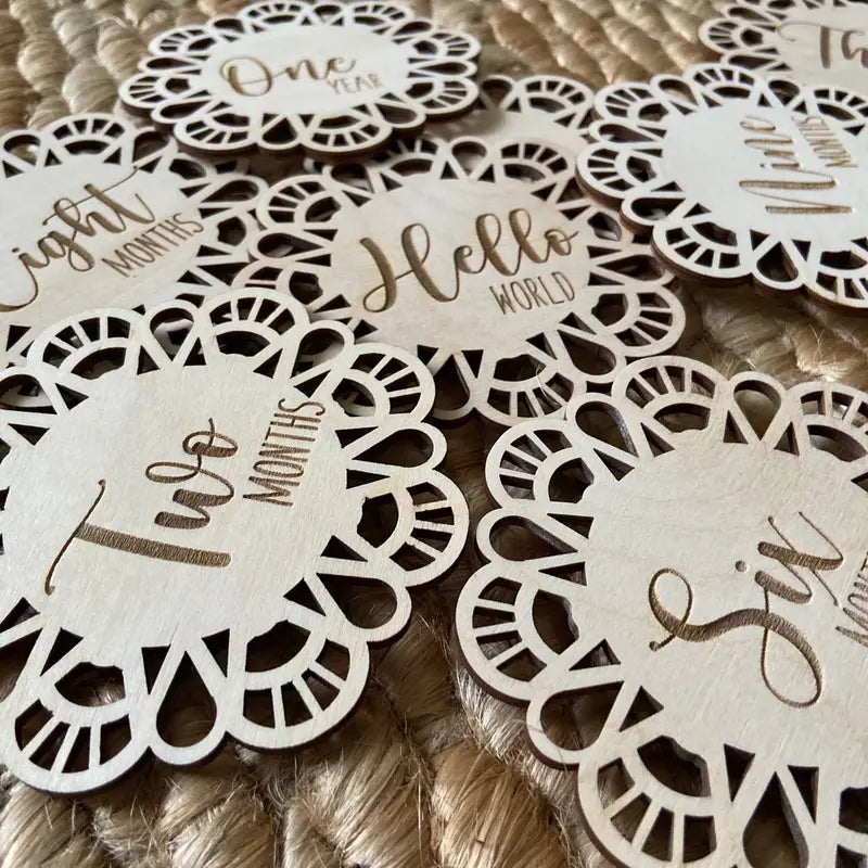 Sixteen Baby Milestones - Scalloped Lace Doily Look Plaques for Month 1-12 and Weeks 1-3