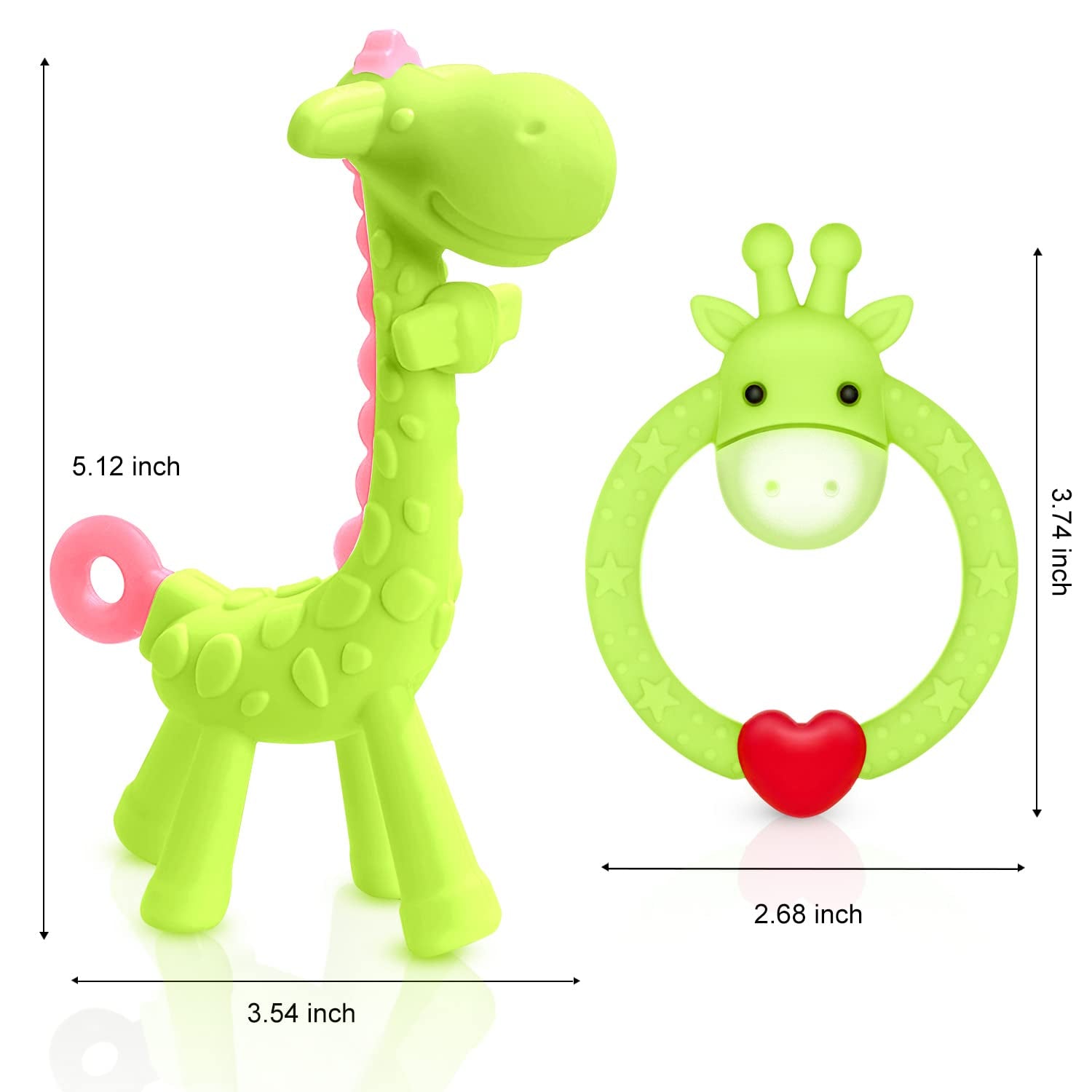 BPA Free 2 Silicone Giraffe Baby Teether Toy with Storage Case, for 3 Months above Infant Sore Gums Pain Relief and Baby Shower, Set of 2 Different Teething Toys (Avocado)