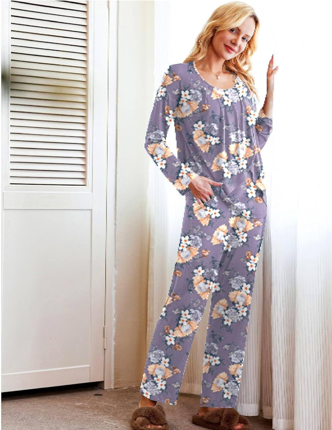 Women'S Maternity Nursing Pajamas Set with Pocket Long Sleeve Soft Pregnancy Breastfeeding Pj Set Floral Printed Purple XXL