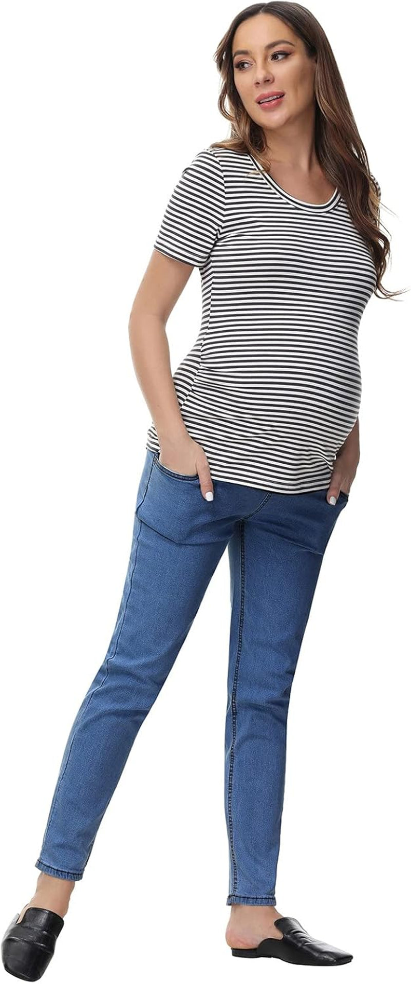 Women'S Maternity Pull on Slim Fit Ankle Jeans Winter Denim Pants with Pockets